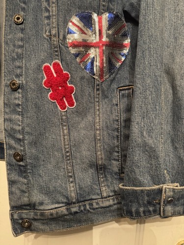 Sneakpeek Denim Jacket, Sequin & Embroidered Patches, Distressed, Large - Picture 6 of 11