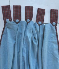 The Company Store 2 Chambray Curtain Panels Tab-Top Blue Red Plaid Detail Cotton