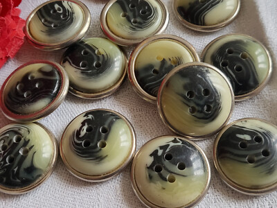 Lot De 6 Boutons Vintage Effet Corne Veiné - Diamètre 23 Mm - Métal - Occasion