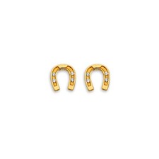 Real 14K Yellow Gold Horse Shoe CZ Stud Earrings with Screw Back Girls Womens