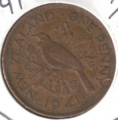1941 New Zealand Circulated 1 Penny KGVI & Tui Bird Coin! #2