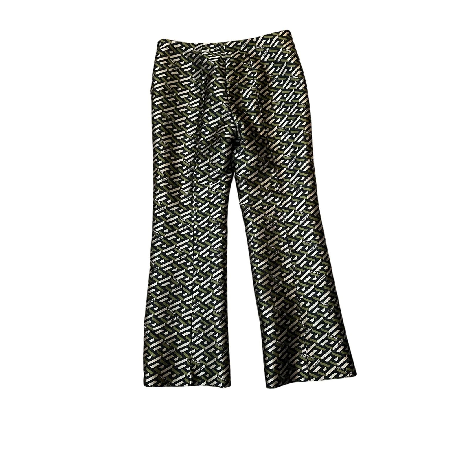 Pantalone jacquard Versace nero e kaki monogramma nuovo con etichetta taglia 42 M