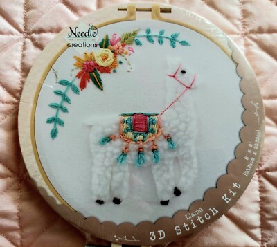 Fuzzy Llama 3D Stitch Kit Needle Creations Complete Embroidery Kit 8 Inch Hoop