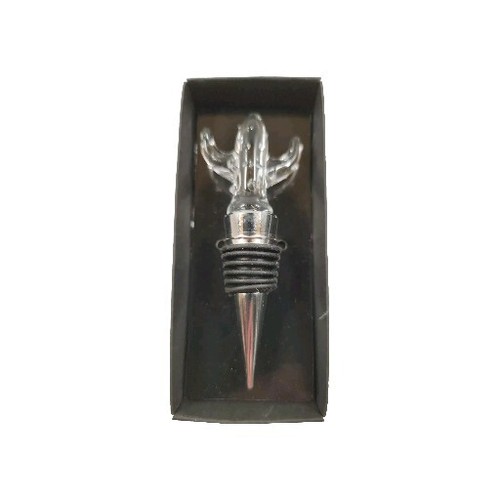 Clear Glass Cactus Bottle Stopper Silver Tone Metal With Rubber 4" Long