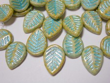 15 beads - Ivory with blue finish Czech Glass Side Drilled Leaf Beads 12x17mm