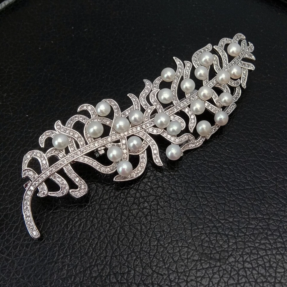 Freshwater Cultured White Pearl Cubic Zirconia Pave Feathers Shape Brooch Pin - Image 3 of 4