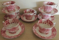 7 WOODS WARE Antique "English Scenery" Demitasse Cup & Saucer Sets Red & White
