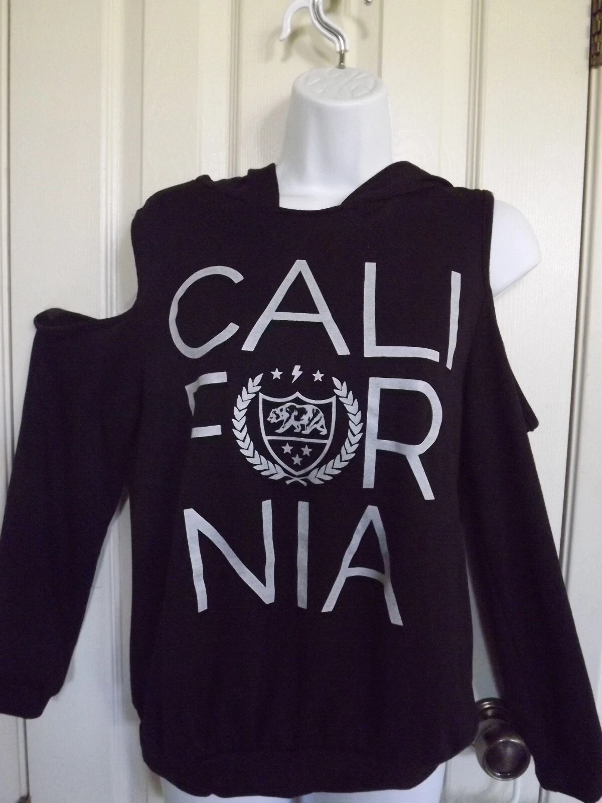 VETEMENTS Felpa California Fashion Magazine nera spalle fredde taglia M cappuccio camicia top