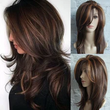 Dark Brown w/Gold Highlight Ombre Shoulder Length Wig Women Synthetic Curly Hair