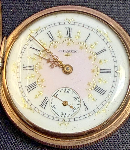ANTIQUE 1901 14K GF ELGIN FANCY DIAL POCKET WATCH, 0s, 7j *WORKING*