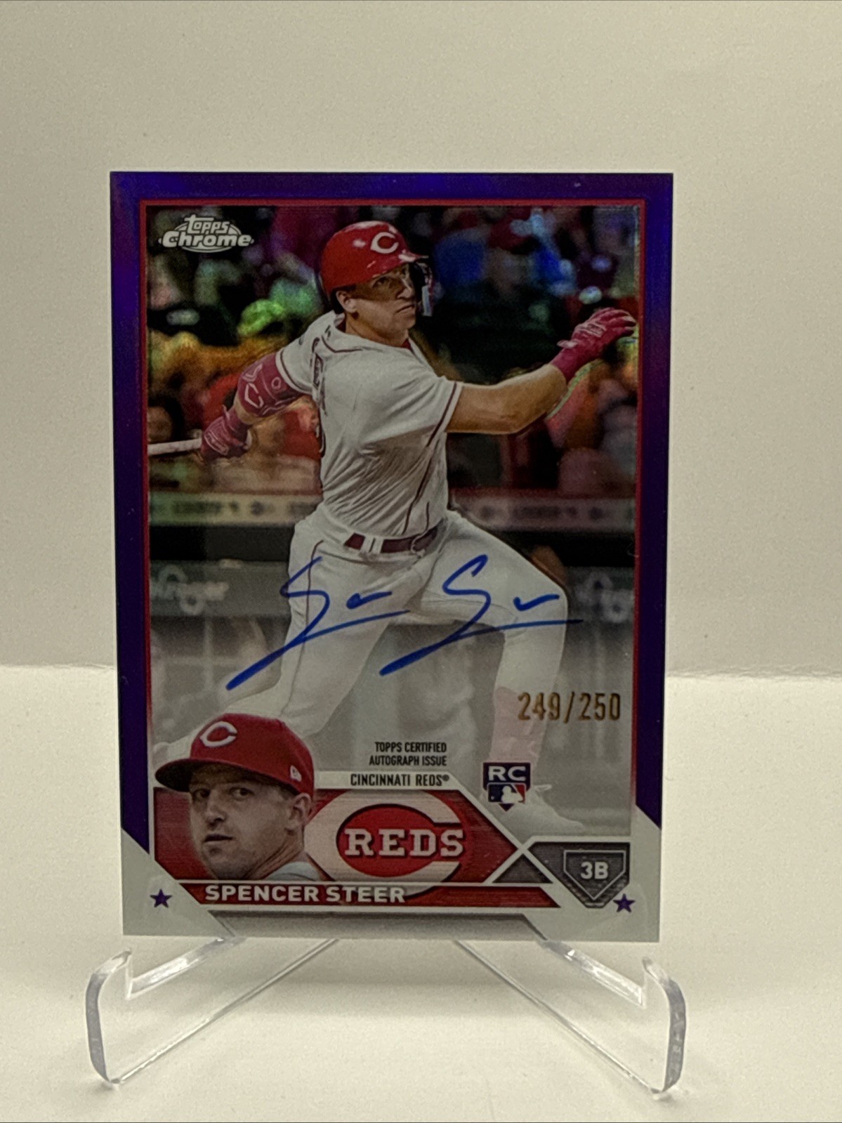 2023 Topps Chrome Spencer Steer On Card Auto /250 True Purple Refractor Reds