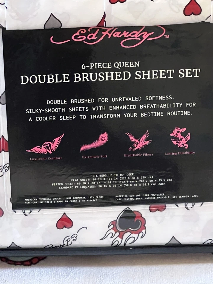 Juego de sábanas Ed Hardy Queen 6 piezas corazones negros ardientes nuevo en paquete Foto 4 de 4