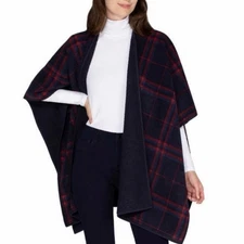 IKE BEHAR Plaid Navy and Red Women's Wrap Cape Shawl One Size