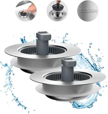 Upgraded 2 Pack 3 in 1 Kitchen Sink Drain Strainer and Stopper Combo, Stainless 