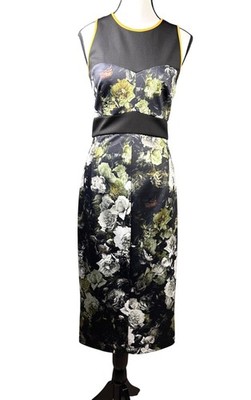 ABS by Allen Schwartz Floral Midi Dress Sz M Black Green Cocktail Bodycon NWT