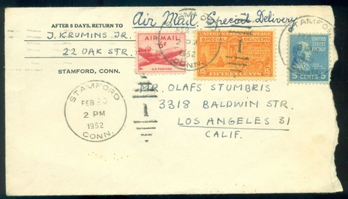 USA Stamford 1952 Airmail Prexie Special Delivery Sc.E16 Cover to Los Angeles CA