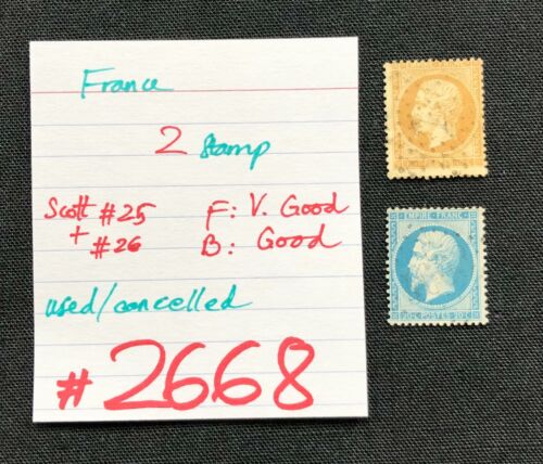 FRANCE Stamps, 2 USED/ CANCELLED Stamps, Scott #25 + #26, SCV 2009=$5.50, #2668 - Afbeelding 1 van 2