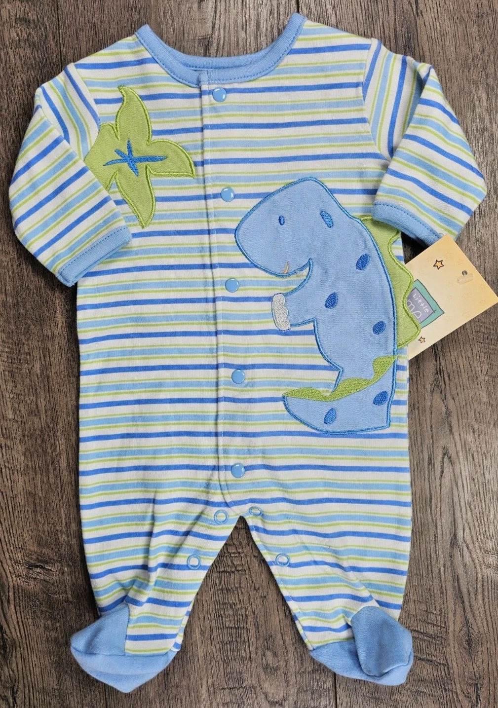Baby Boy Clothes New Vintage Little Me Preemie Blue Dinosaur Footed Outfit