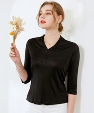 Women Knitted Mulberry Silk T-Shirt 3/4 Sleeve Under Shirt V Neck Tee Blouse Top
