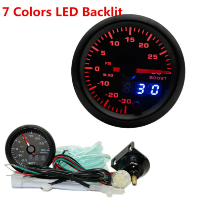 12V 2'' 7 Colors Backlit LED Display Car Turbo Boost Gauge 0-30 IN.HG,0-30PSI