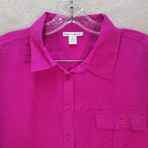 Dalia Womens Top Magenta Pink Collared Lightweight Button Career Blouse Size L - Picture 2 of 18