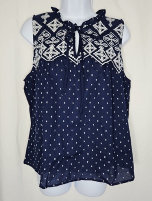 MINE Women's Blue Sleeveless Embroidered Cotton Blouse Size Large NWOT