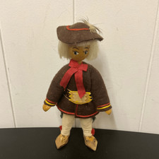 Vintage Handmade Wooden Folk Art Doll With Hair And Clothes