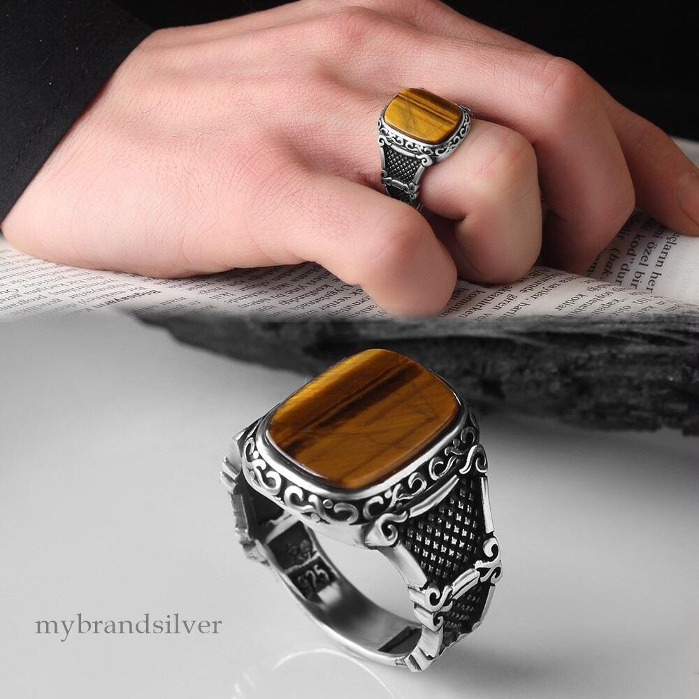 Tiger's Eye Signet Ring for Men Solid 925 Sterling Silver | eBay