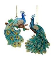 Set of 2 TIN PEACOCK Glittered Christmas Ornaments, by Kurt Adler