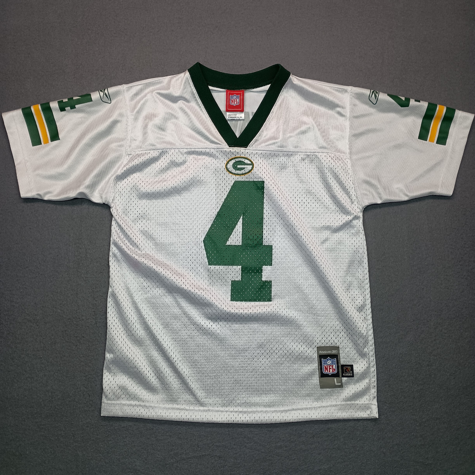VTG Reebok Brett Favre Jersey Youth Large 14-16 White Green Bay Packers #4 NFL