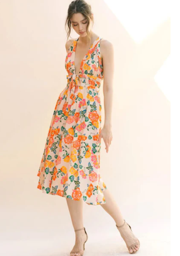 STORIA Midikleid Frühling Blumen Gr. L ärmellos tiefer V-Ausschnitt gefüttert cremefarben - Bild 2 von 14