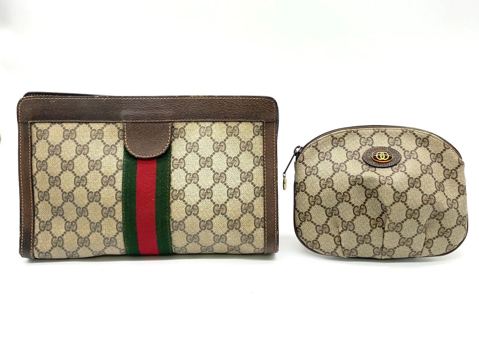 Auth Gucci GG Supreme Sherry Line PVC cuir beige pochette sac set 2 i040553