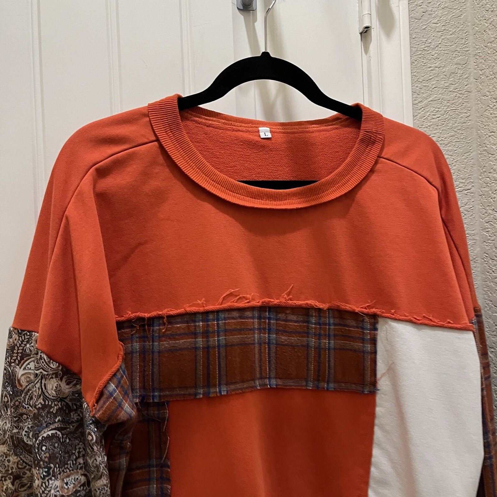 Womens Patchwork Mixed Print Orange Fall Pullover… - image 3