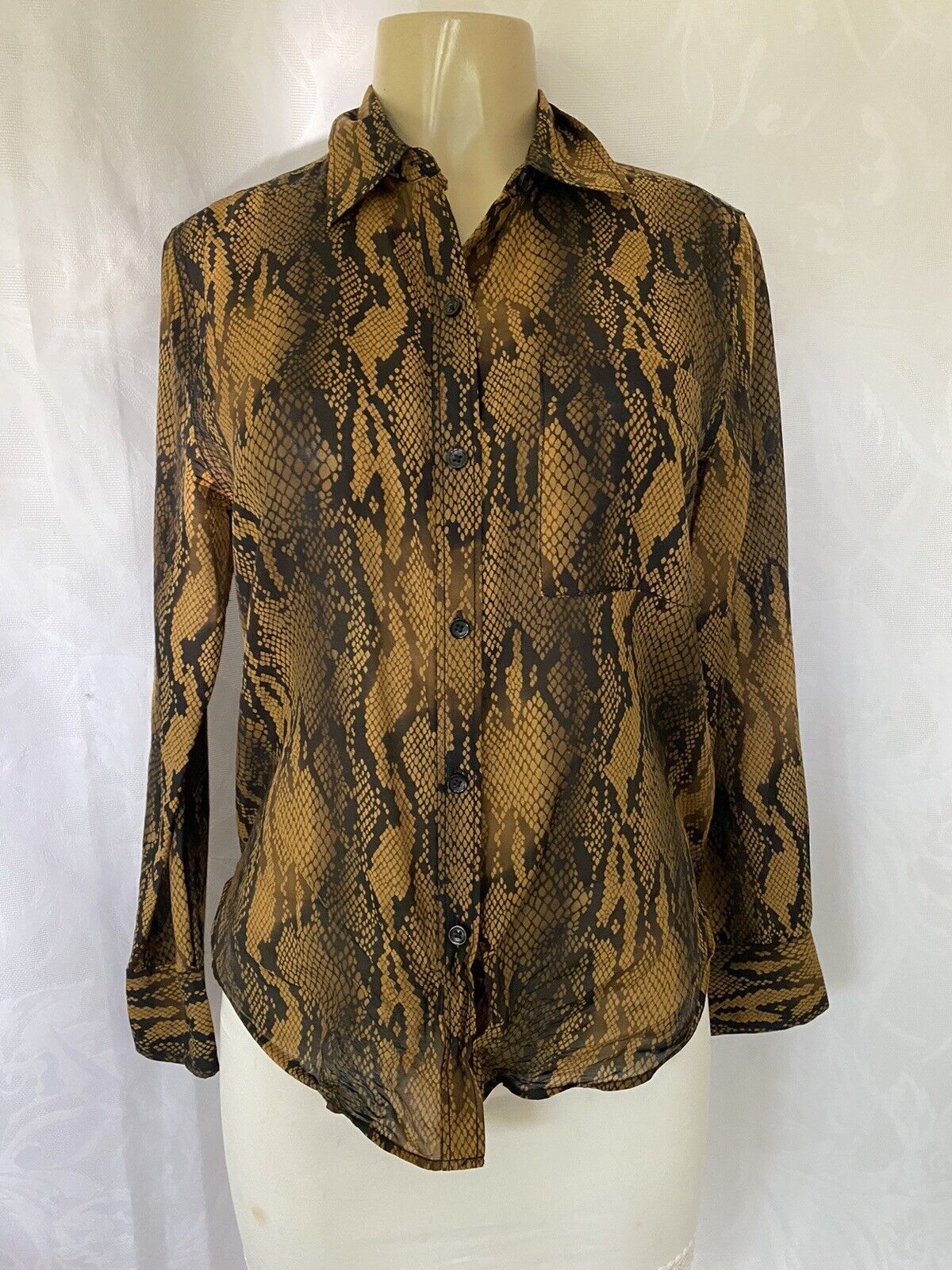 Current Elliott Brown Black Sheer Button Blouse Shirt Top Snake Python ...