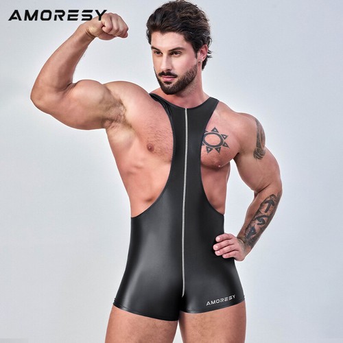 AMORESY Men Glossy Satin Suspender Tracksuit Quick-dry Cycling Fitness Leotards - Picture 30 of 39