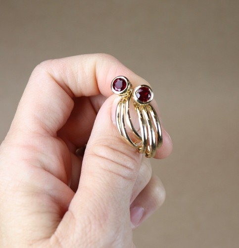 14K yellow gold & ruby red studded dangle earrings INTERCHANGEABLE VTG UNIQUE
