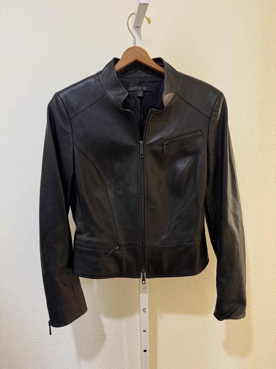 Lafayette 148 New York Black Leather Jacket Zip SZ 6 | eBay