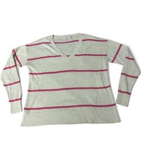 LOFT Women  s Knit V-Neck Pullover Sweater Striped Ribbed Trim XS cream and pink