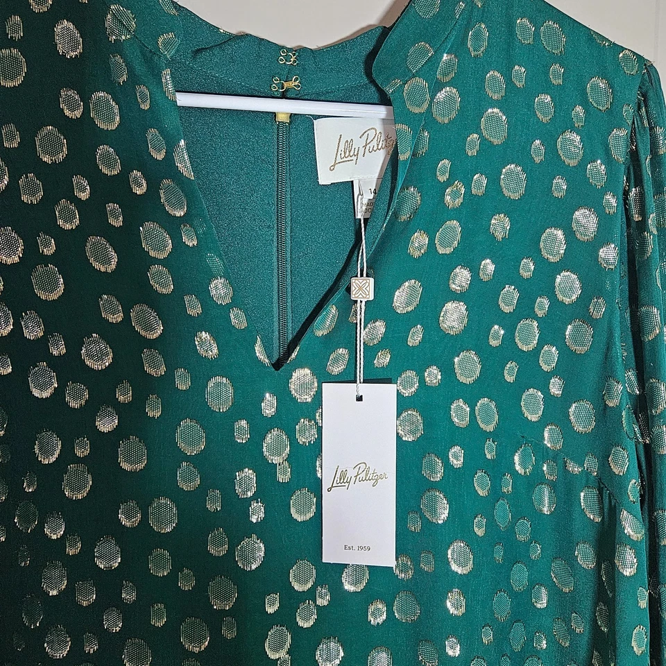 NUEVO Vestido Lilly Pulitzer Talla 14 Mezcla Seda Dorado Brillo Manga Larga Forrado Verde Foto 2 de 4