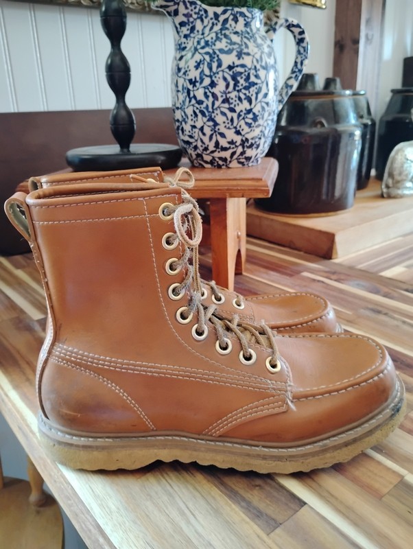 Vintage 70s 80s Lace Up Tan Work Boots White Stitch/Stitching Sears? Sz.6 Men