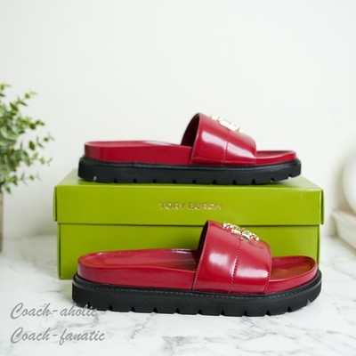 Tory Burch Everly Anatomic Lug Nappa Leather Slide Sandal in Red