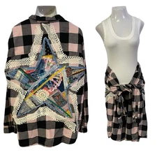 Upcycled Flannel Shirt Shacket Womens 3X Star Grunge Patchwork Folk Art Festival