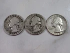 3 Silver Washington Quarters 1941-S, 1944-P, 1946-D