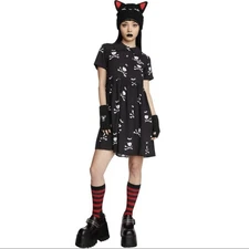 Dolls Kill x Emily The Strange Shirt Dress Sz 1x Black Short Sleeve Bones Goth