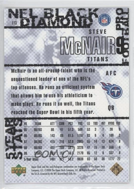 2000 Upper Deck Black Diamond Gold /1000 Steve McNair #113 - Image 2 of 2