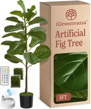Artificial Fiddle Leaf Fig Tree 3ft (36 Inch) Tall - with Remote LED Spotligh...