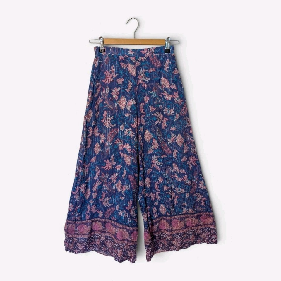 Arnhem Clothing Boho Wide Leg Pants Size 9 Blue Purple Floral Shimmer Metallic