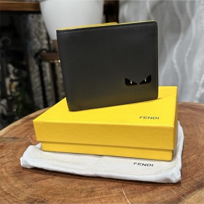 Fendi Monster Eyes Bifold Wallet Black Leather Yellow Interior