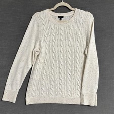 Talbots Sweater L Petite Cream Speckled Cable Knit Pullover Button Cuff Classic