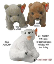 TY Beanie Baby PECAN ALMOND & AURORA w/ tags Vintage Lot of 3 Beanie Babies
